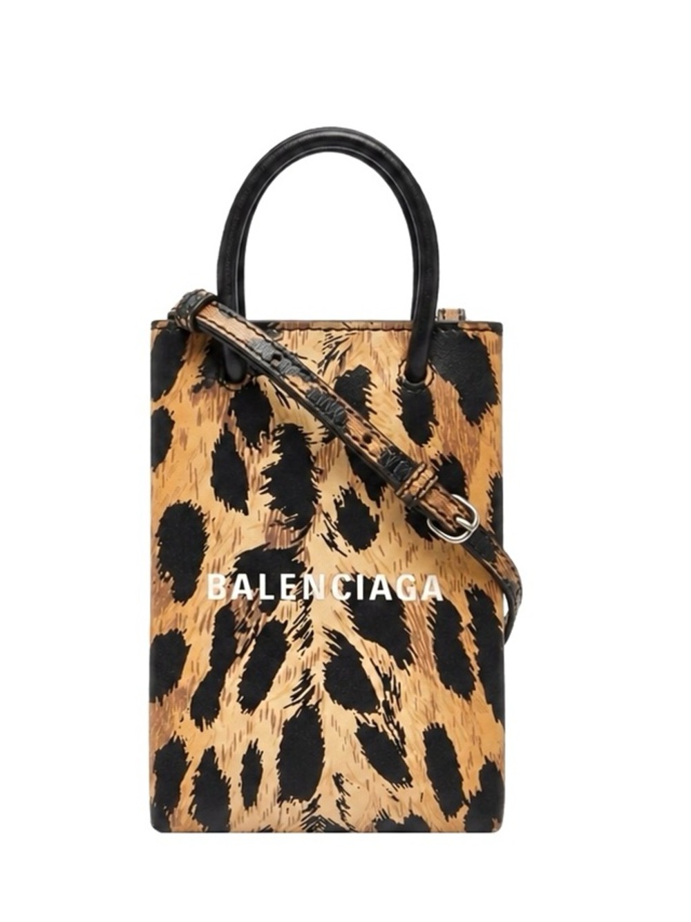 Balenciaga Leopard Print Leather Shopping Phone Holder Mini Bag Crossbody W/ COA